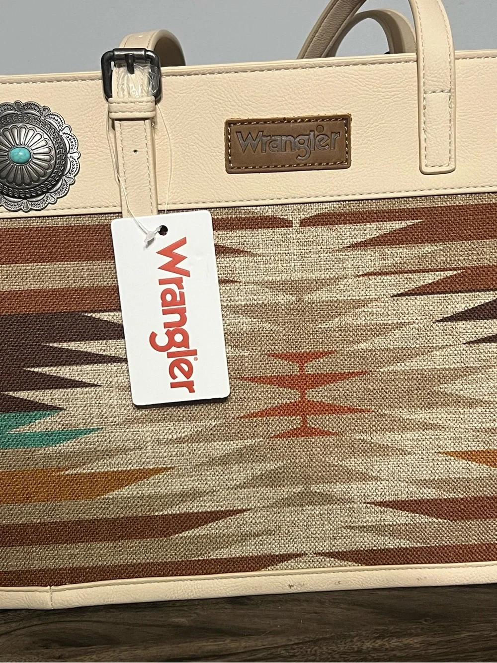 Wrangler Cream and Brown Southwestern Pattern Tote with Turquoise Accents